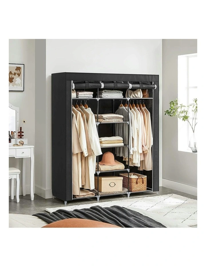 Folding Wardrobe Fabric Cabinet with 2 Clothes Rails in Black