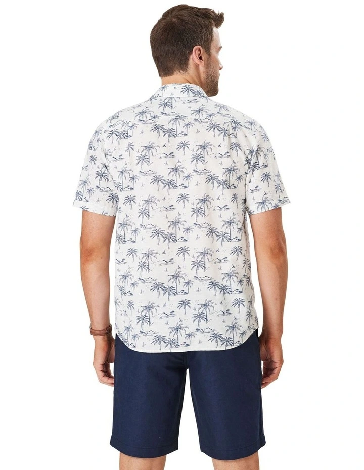 Linen Blend Island Print Short Sleeve Shirt in White