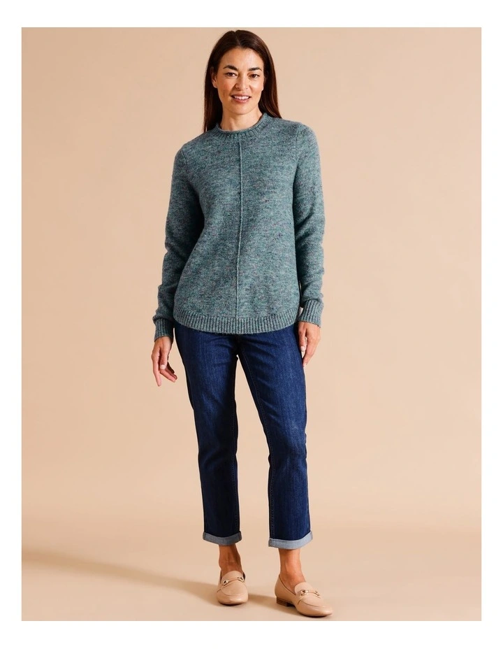 Recycled Polyester Blend Curved Hem Jumper With CF Seam In Teal Muti Fleck