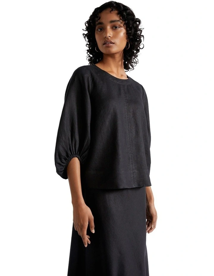 Core Linen Balloon Sleeve Top in Black