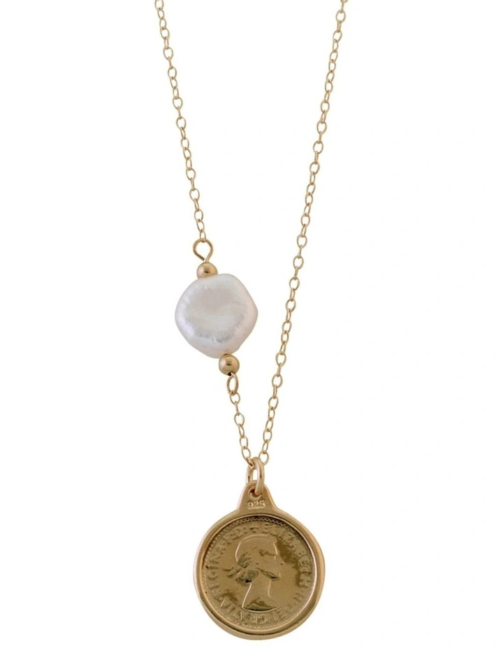 Belcher Gold Filled Chain Keshi Pearl & Threepence Necklace