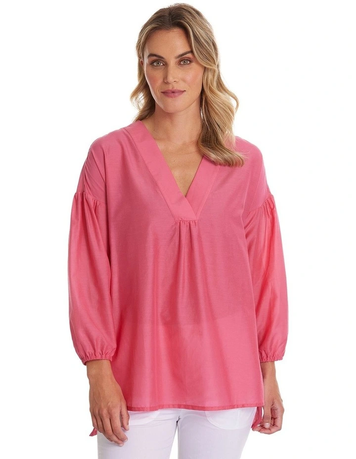 Long Sleeve V Neck Tunic in Hibiscus