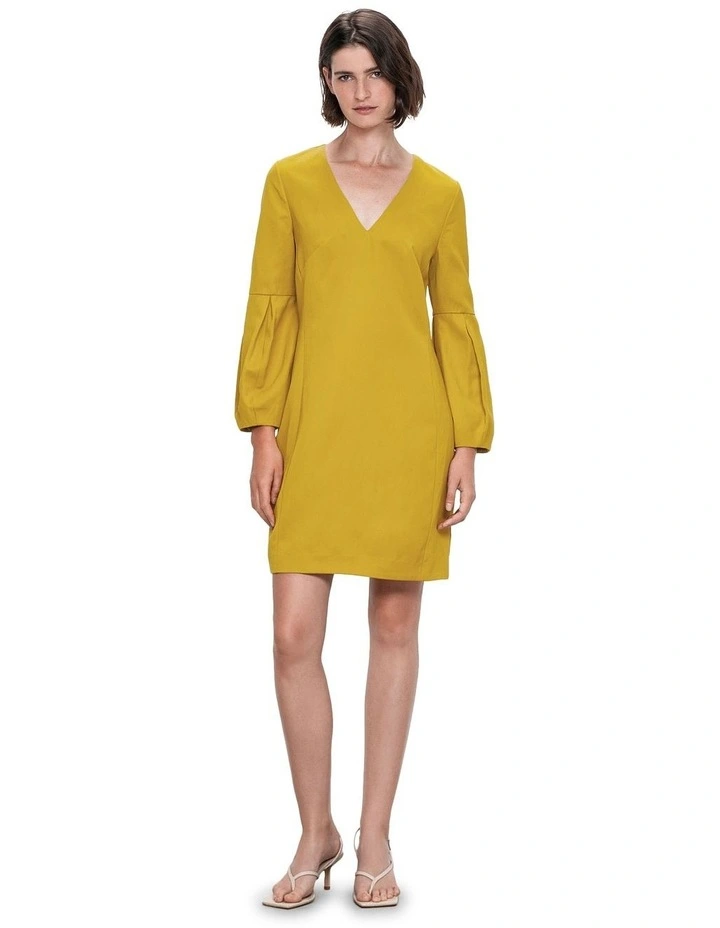 Satin Twill Fluted Sleeve Dress in Yellow