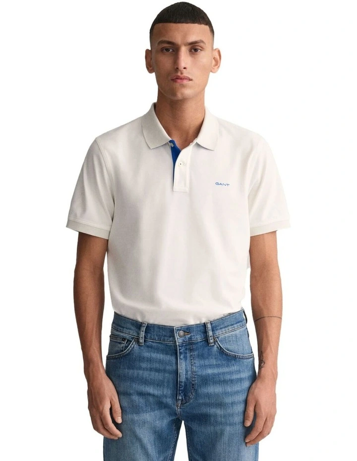 Contrast Collar Pique Short Sleeve Polo Shirt in White