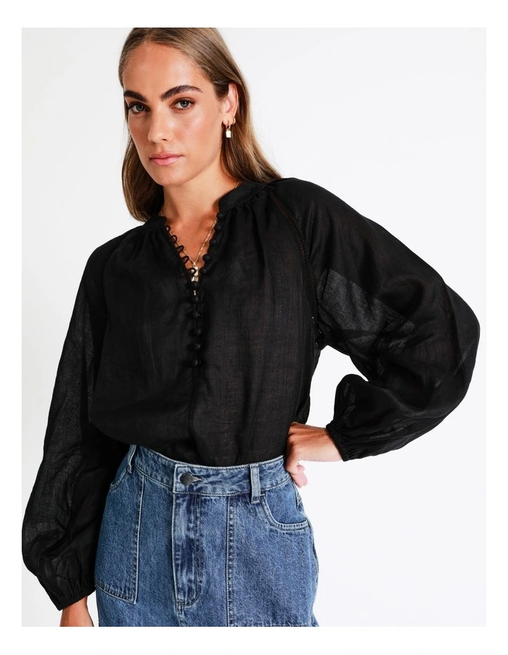 Ramie High Neck Button Blouse in Black