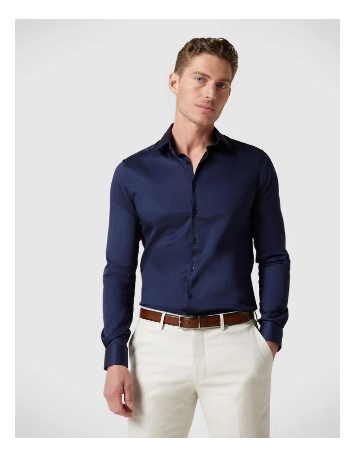 Slim Sateen Long Sleeve Shirt in Navy
