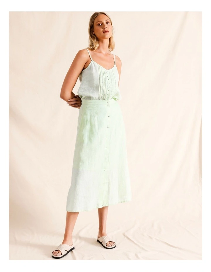 Linen Button Thru Midi Skirt in Mint