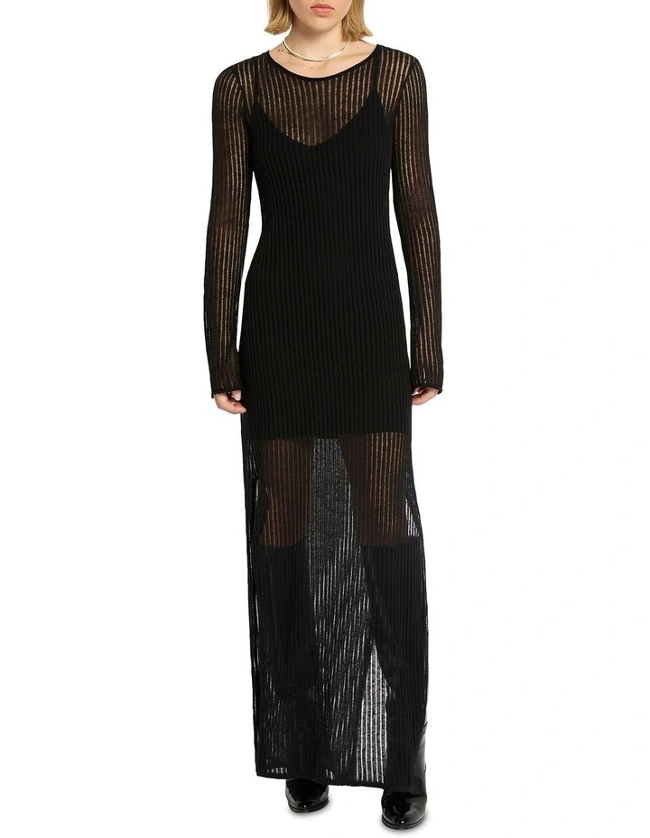 Laddered Long Sleeve Knit Dress in Black