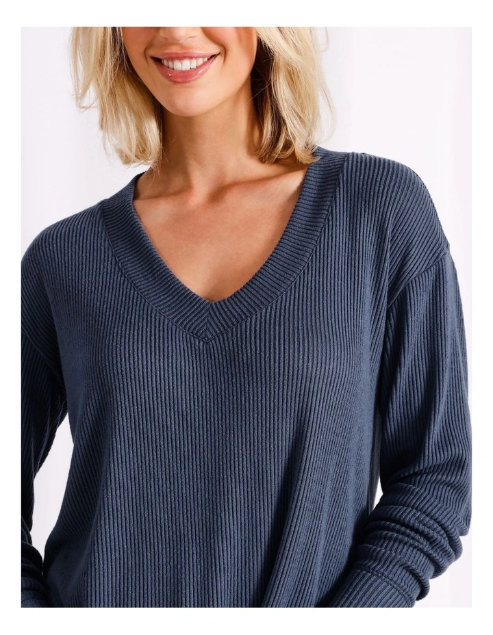 Ribbed V-Neck Long Sleeve Top in Grey