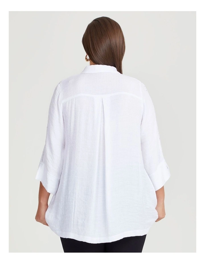 Lace Trim Crinkle Crush Shirt in White