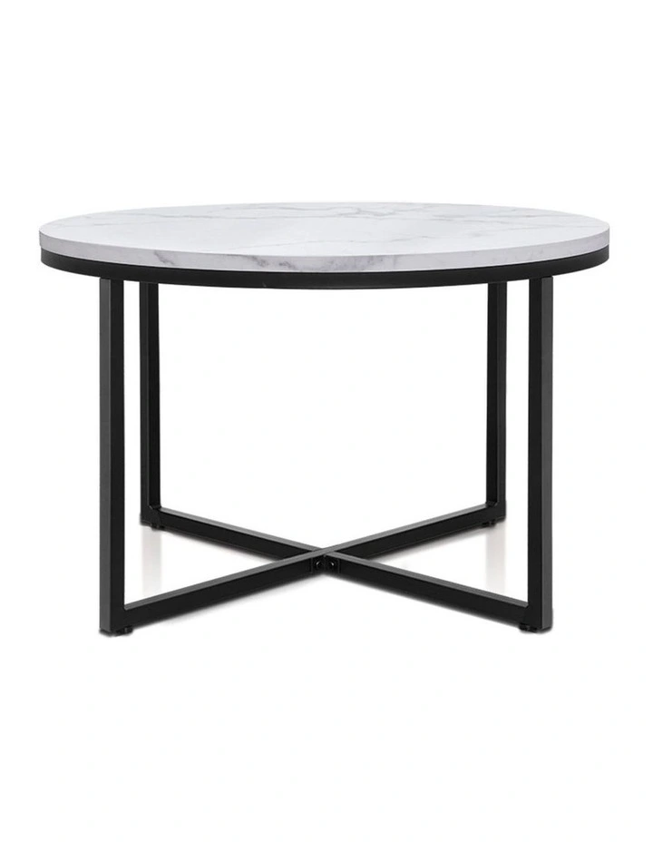 Coffee Table Marble Effect Side Tables Bedside Round Black Metal 70X70CM