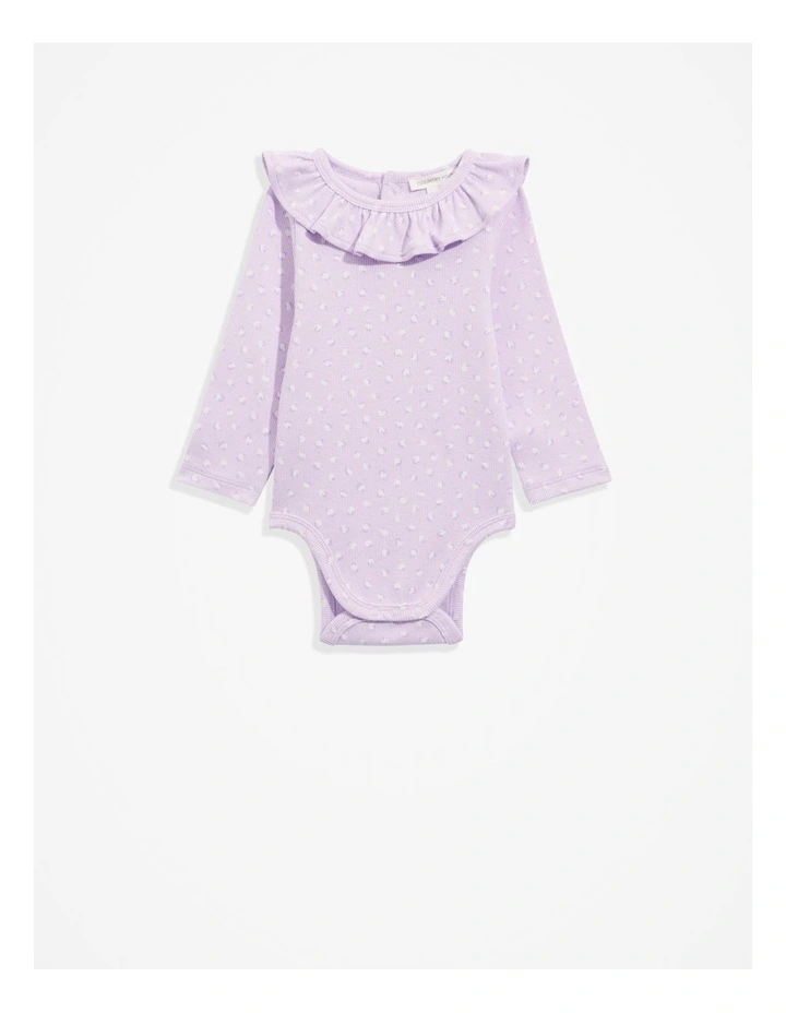Organically Grown Cotton Frill Rib Long Sleeve Bodysuit in Lilac Leopard