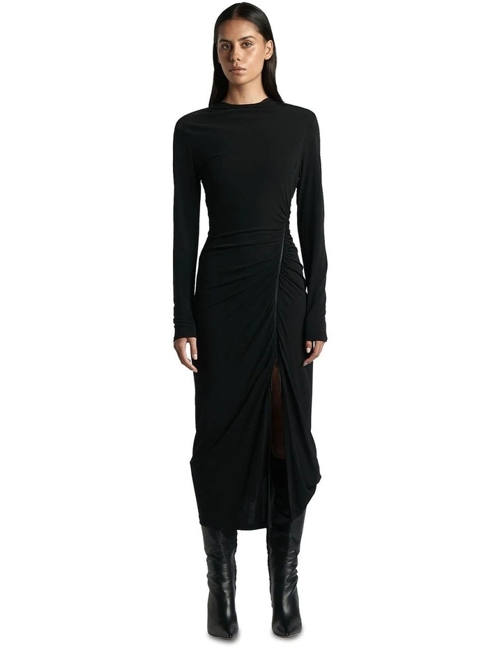 Zip Detail Jersey Midi Dress in Black