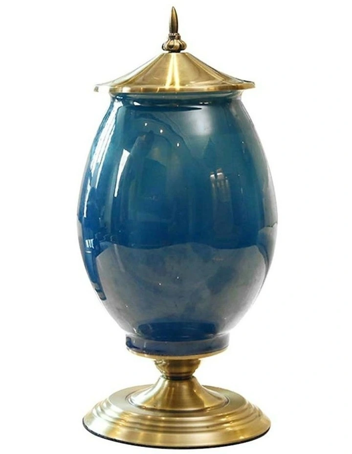 Ceramic Oval Flower Vase with Metal Base 40cm in Dark Blue/Gold