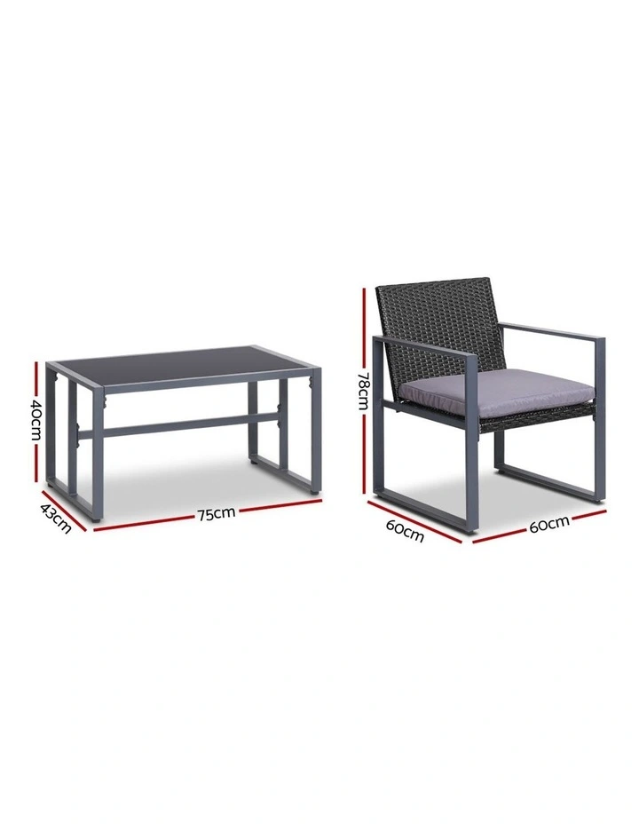 Outdoor Sofa Set Rattan Furniture Glass Top Table Chairs 4 PCS in Black