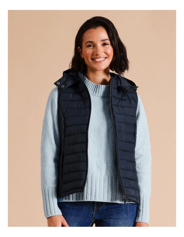 Recycled Polyester Straight Quilted Vest With Removable Hood in Navy