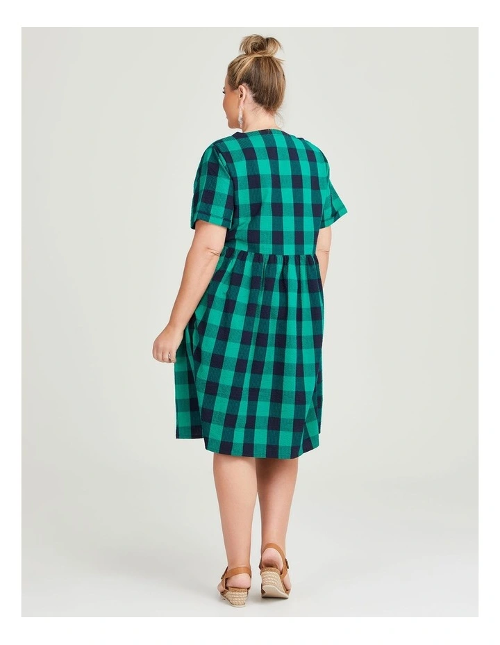 Cotton Check V-neck Dress in Parakeet Green, Navy
