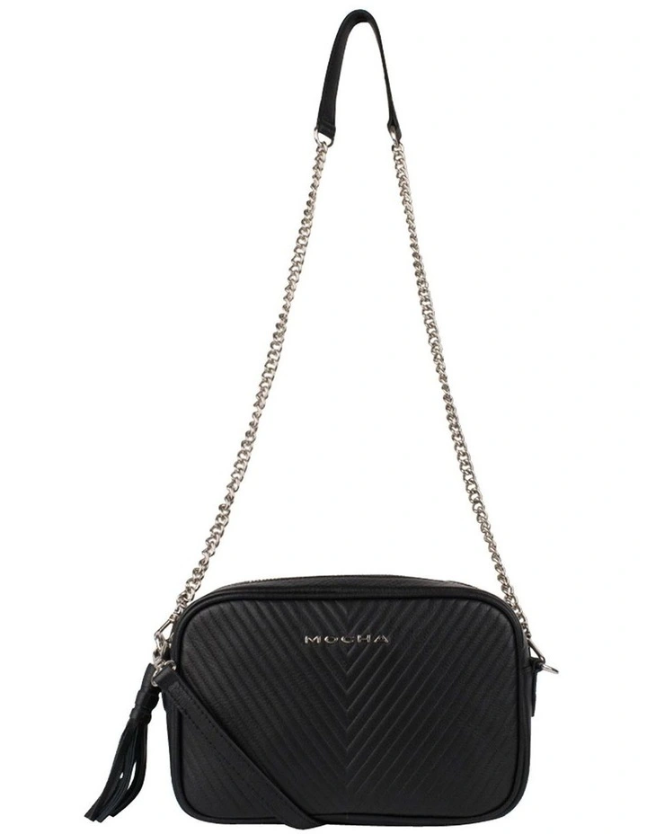 Chevron Box Leather Crossbody Bag Black