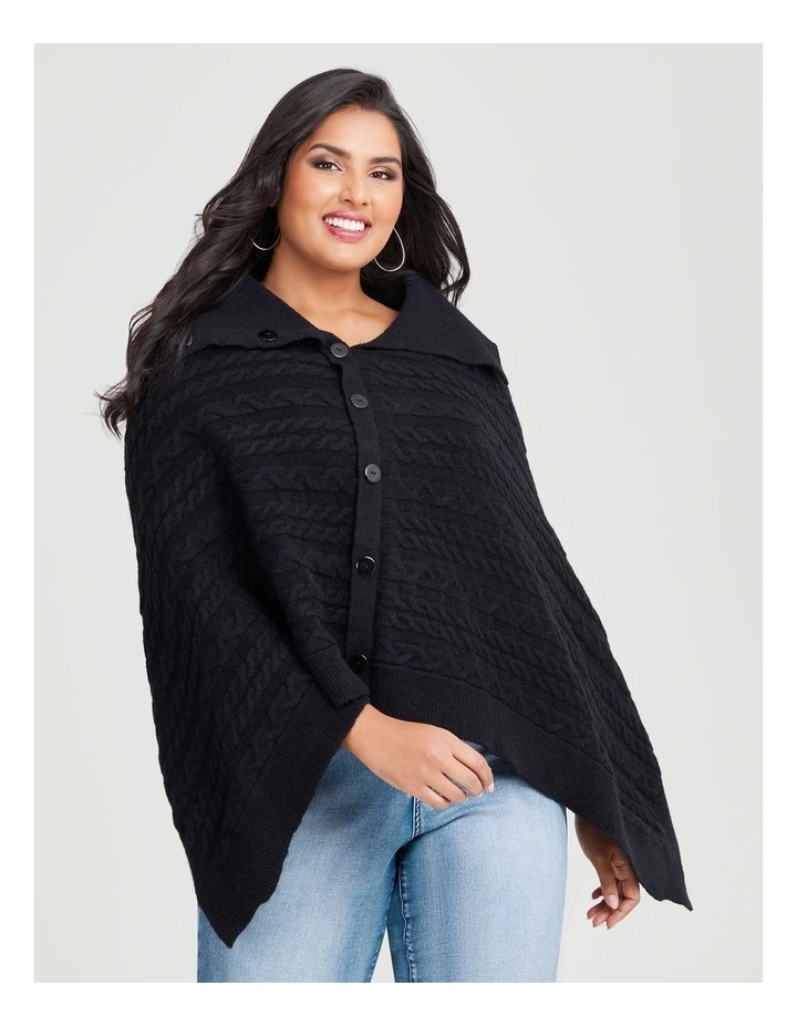 Side Button Detail Poncho in Black