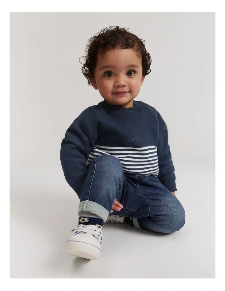 Australian Cotton Modern Logo Sweat in Navy Stripe