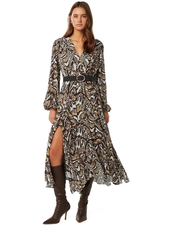 Rochelle Asymmetric Hem Midi Dress in Brown Multi