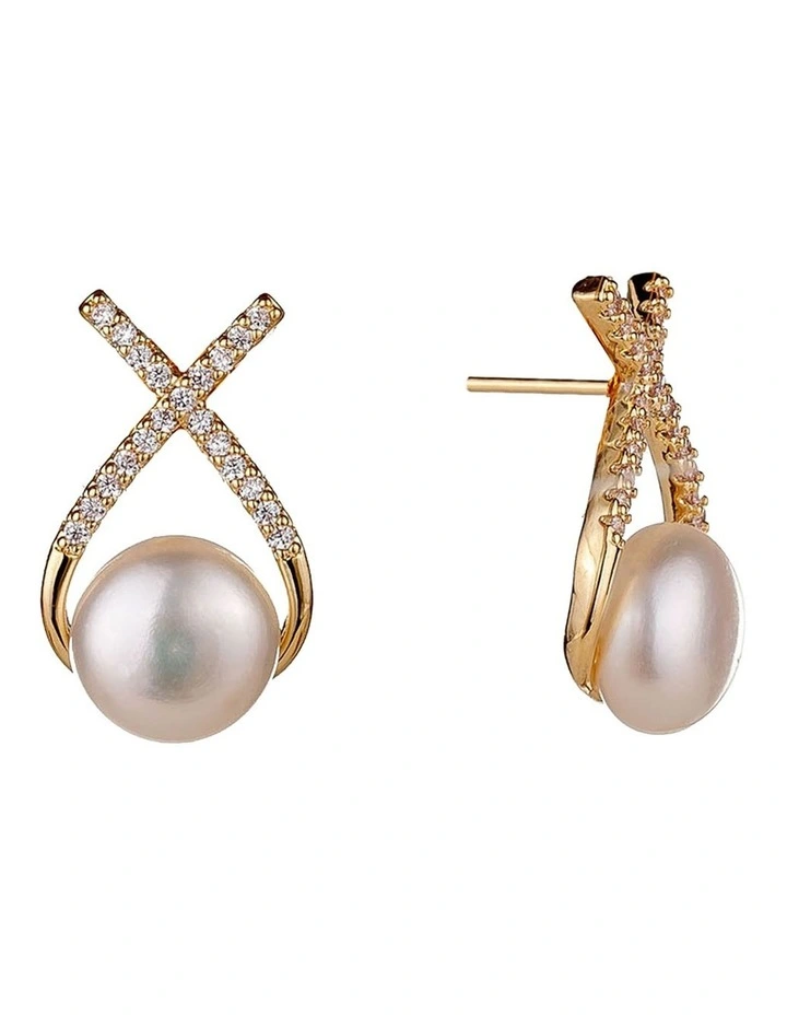 Freshwater Pearl Earring With CZ Cross in Gold