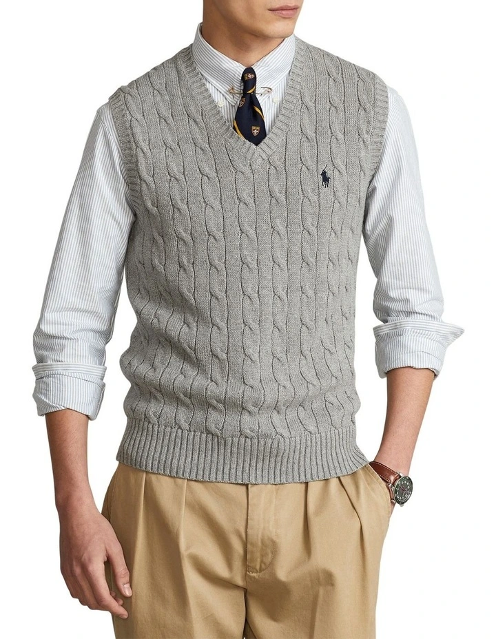 Cable-Knit Cotton Sweater Vest in Grey