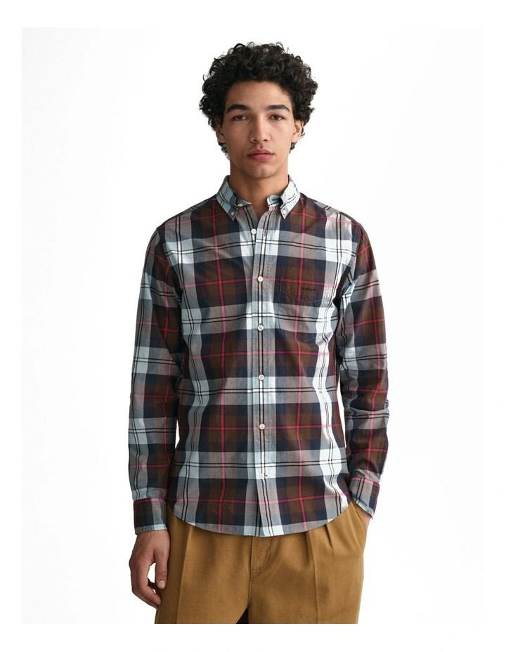 Regular Fit Large Checked Poplin Shirt in Rich Brown