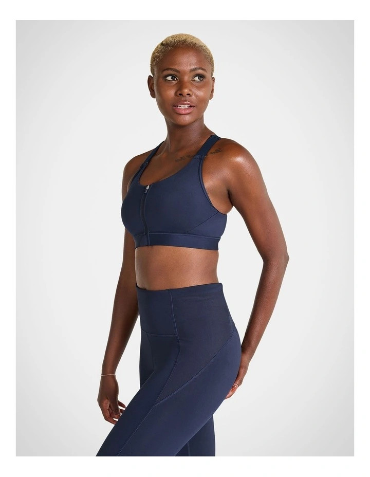 Velocity Zip Medium Impact Sports Bra in Indigo
