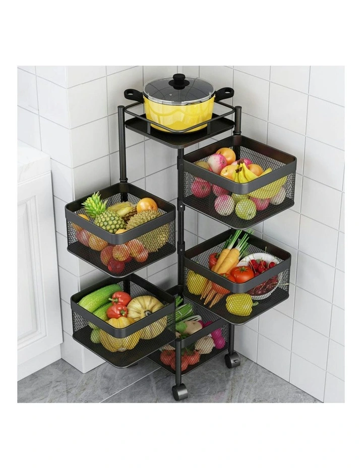 5 Tier Steel Square Rotating Kitchen Storage Organizer with Wheels in Black