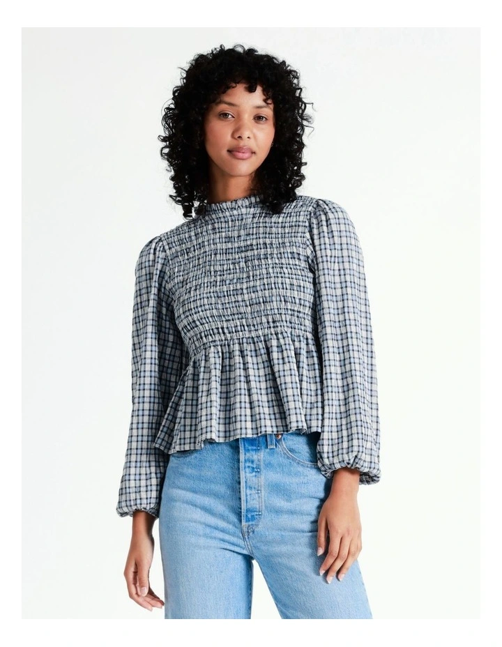 Nomi Long Sleeve High Neck Check Shirt in Blue