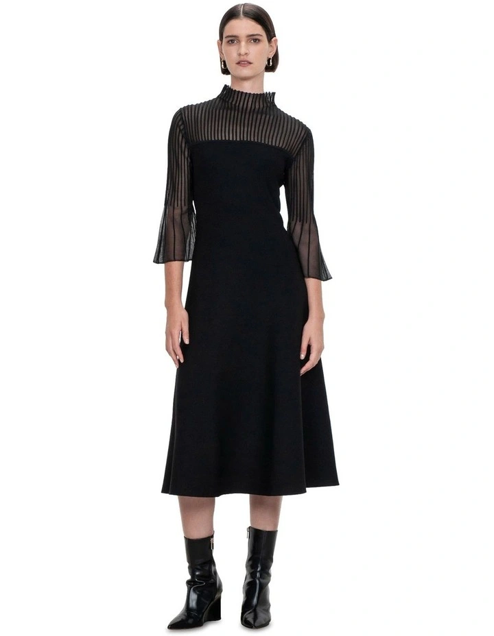 Sheer Flared Sleeve Knit Dress in Black