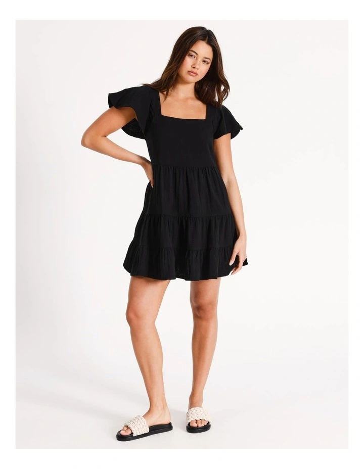 Cheesecloth Tiered Mini Dress in Black