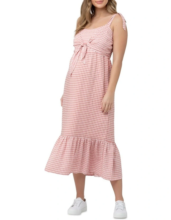 Gingham Nursing Dress in Dusty Pink/White