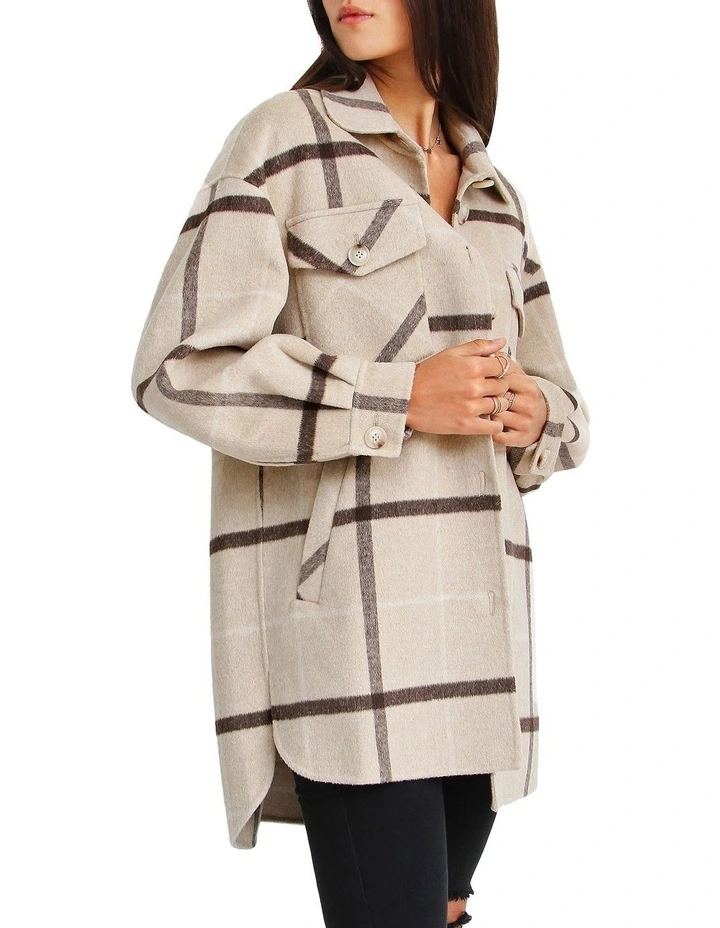 River's Edge Plaid Shacket in Beige