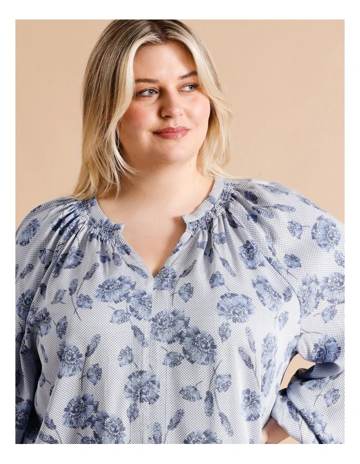 Long Sleeve Shirred Neck Top In Blue Tonal Floral