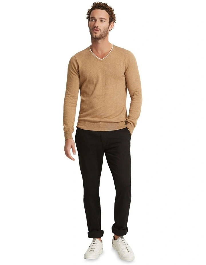 Tipping V-Neck Knitted Top in Biscuit