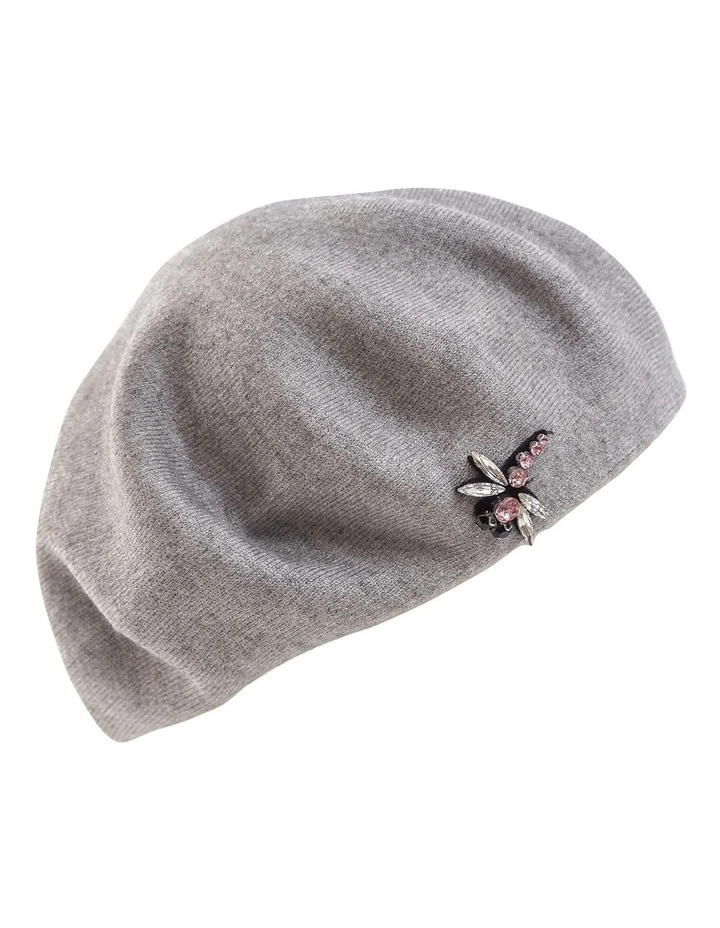 Little Flat Beret With Brooch Grey Winter Hat