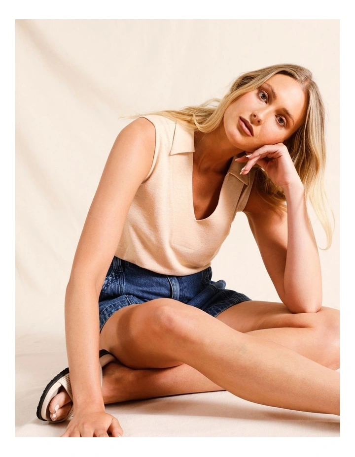 Sleeveless Linen Polo in Ecru