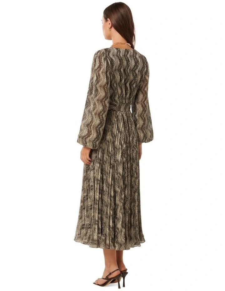 Greta Plisse Ring Detail Midi Dress in Brown