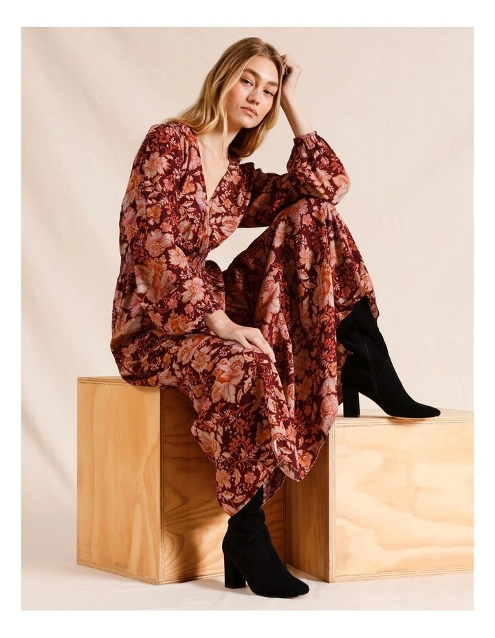 Long Sleeve Shirred Waist Dress in Red