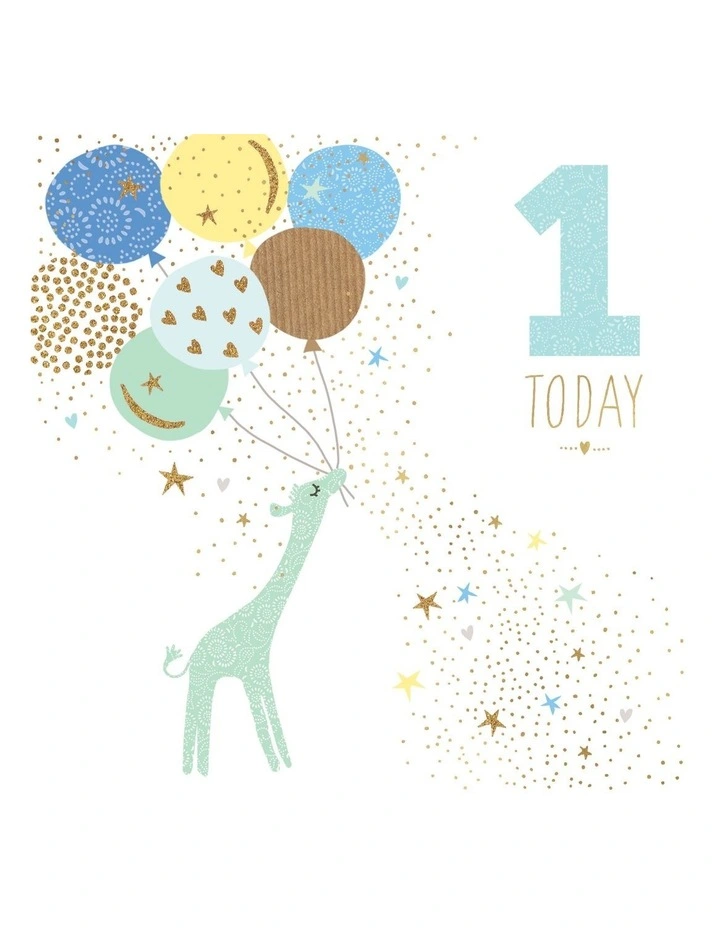 1st Birthday boy card giraffe with balloons