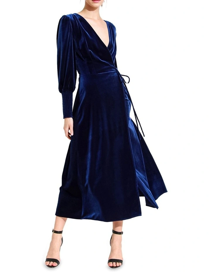Current Mood Velvet Wrap Dress in Blue