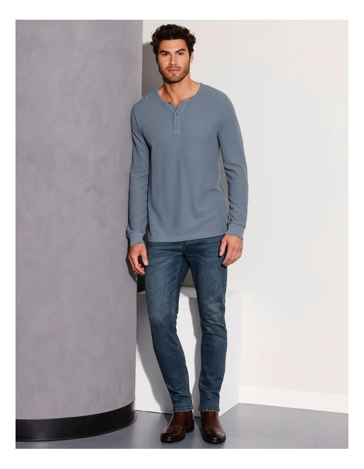 Neeson Long Sleeve Waffle Henley Tee in Blue