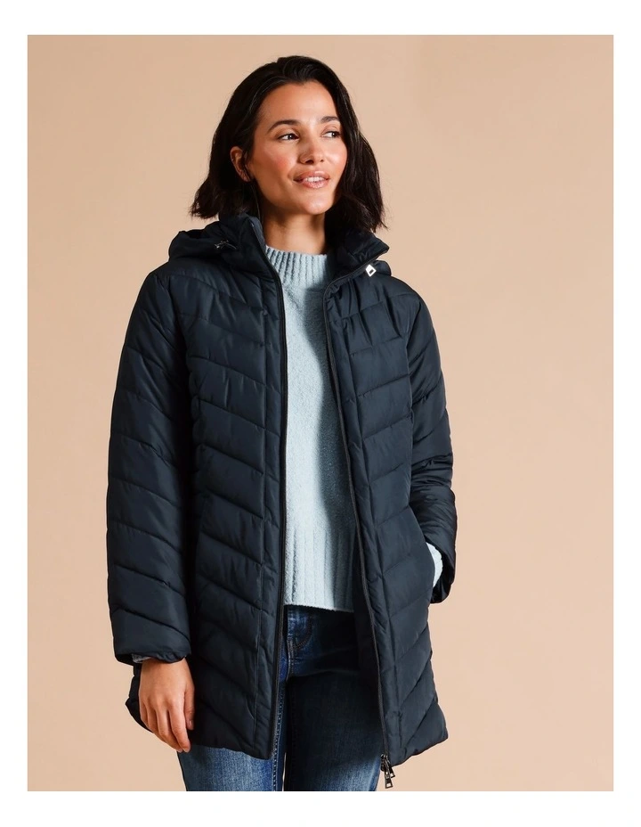 Recycled Polyester Longline Quilted Jacket With Fold Away Hood in Navy
