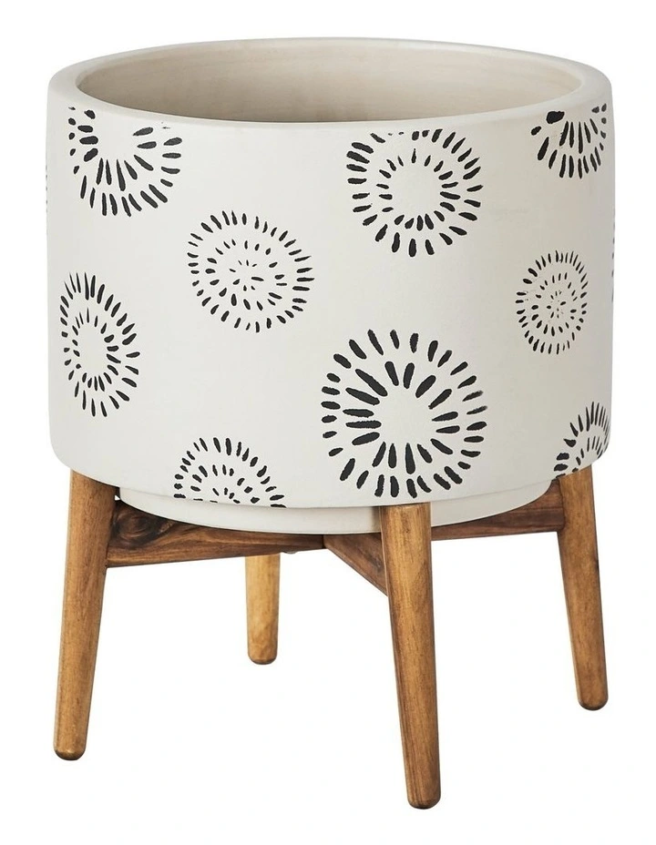 Ceramic Pot On Acacia Wood Stand 42cm in White