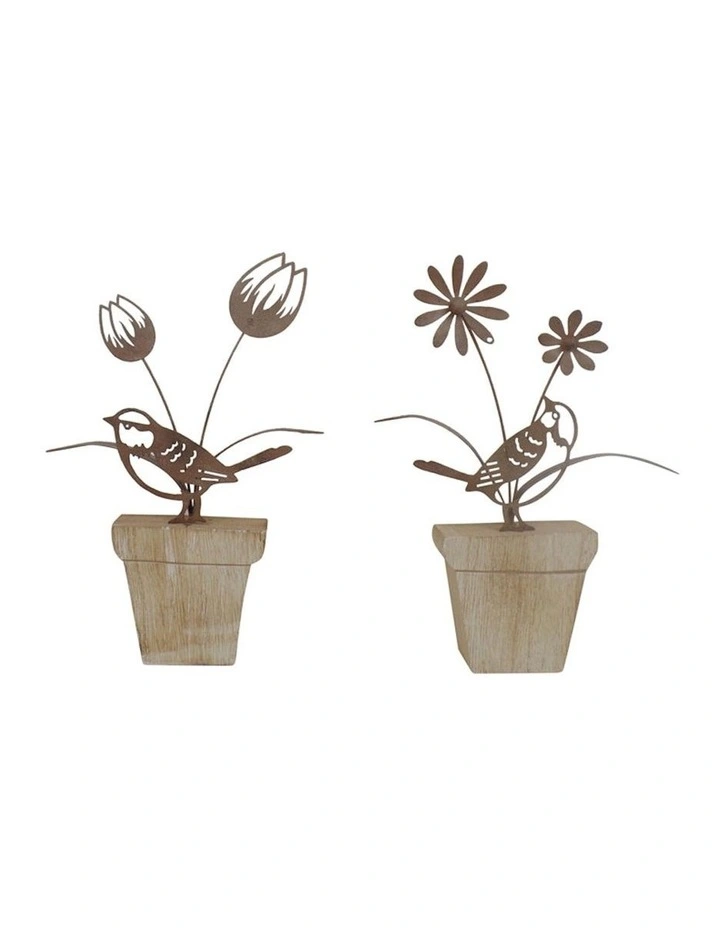 Set of 2 Bird & Flower Ornaments in Rust