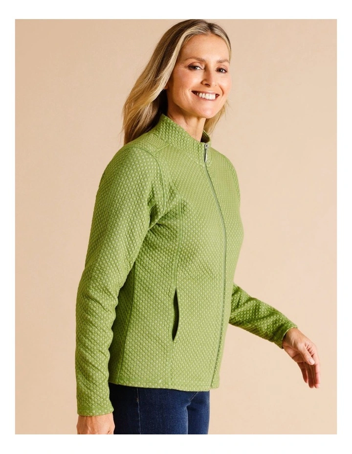 Recycled Polyester Blend Zip Thru Honeycomb Jacquard Sweat Top in Avocado