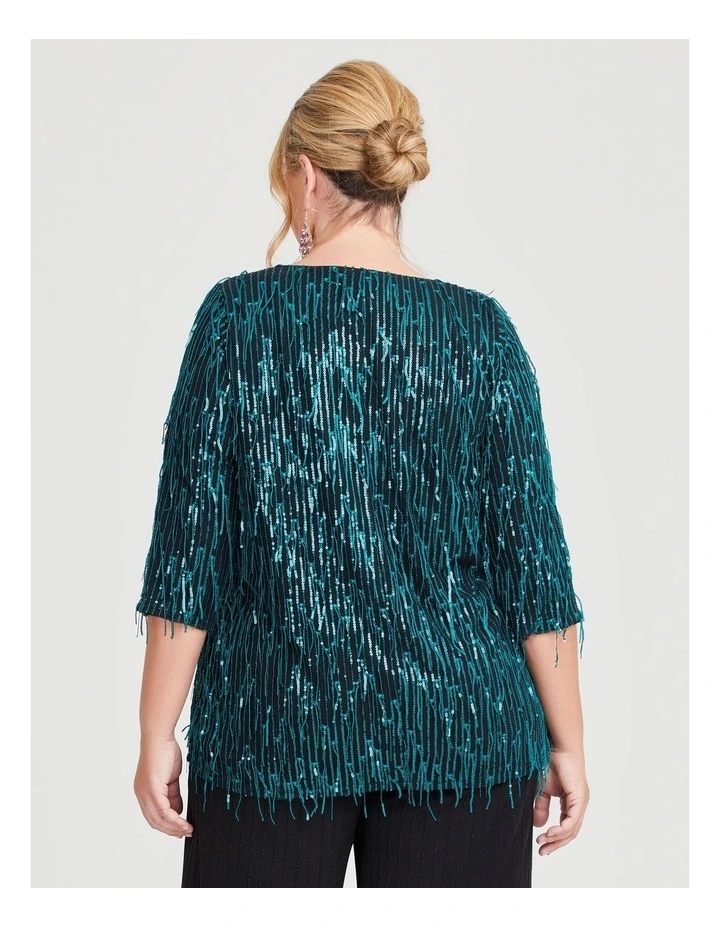 Fringe Sequin Party Top in Teal/Black
