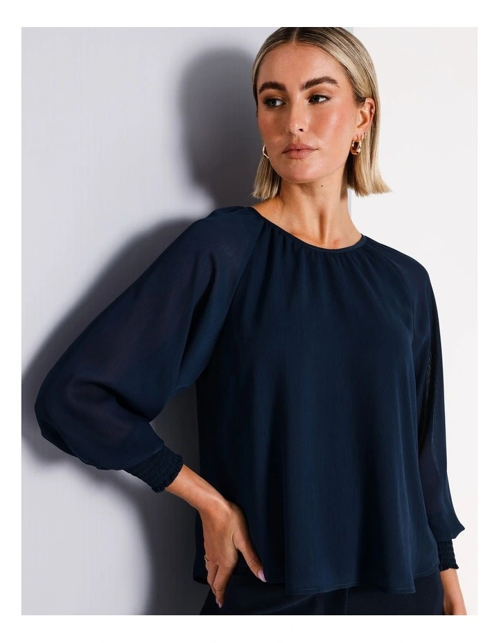 Gathered Neck Yoryu Top in Navy